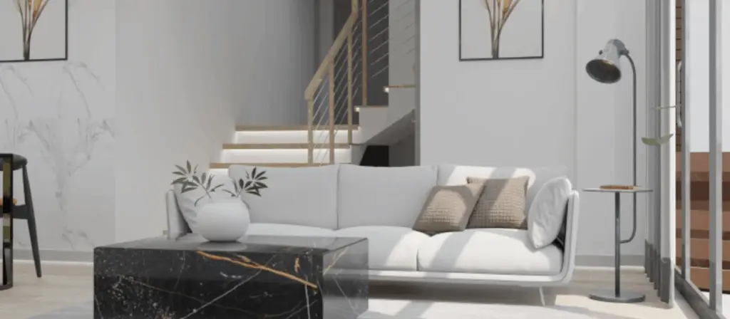 Decorated residential room with elegant furniture, curtains, and wall art