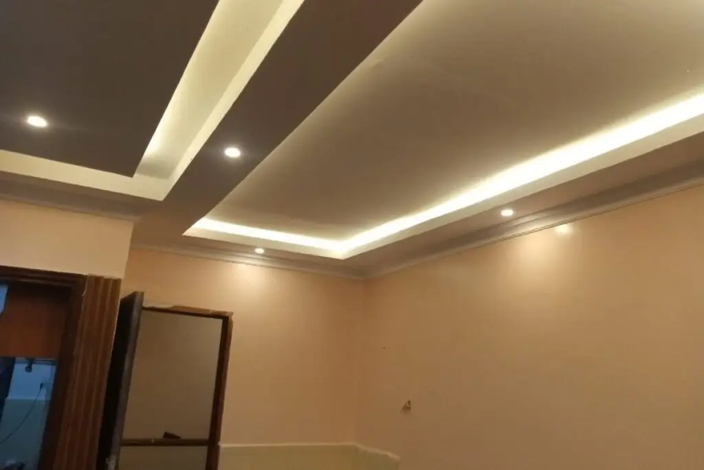 Recessed LED lights installed in a gypsum ceiling for ambient illumination