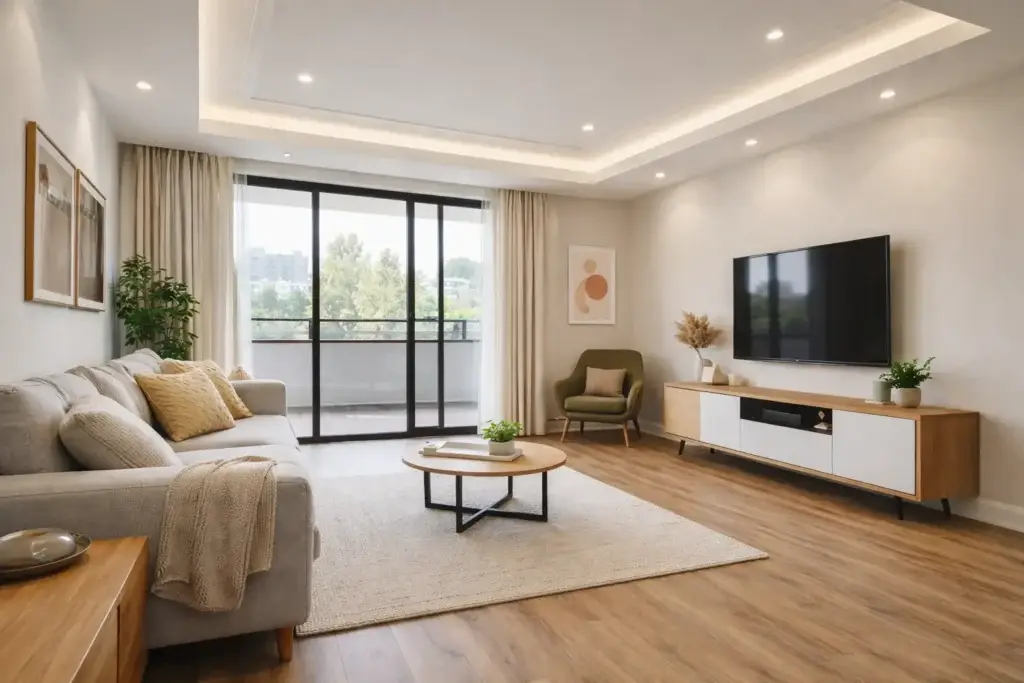 Modern Kenyan living room interior design in Nairobi featuring elegant gypsum ceiling with recessed LED lighting and SPC flooring