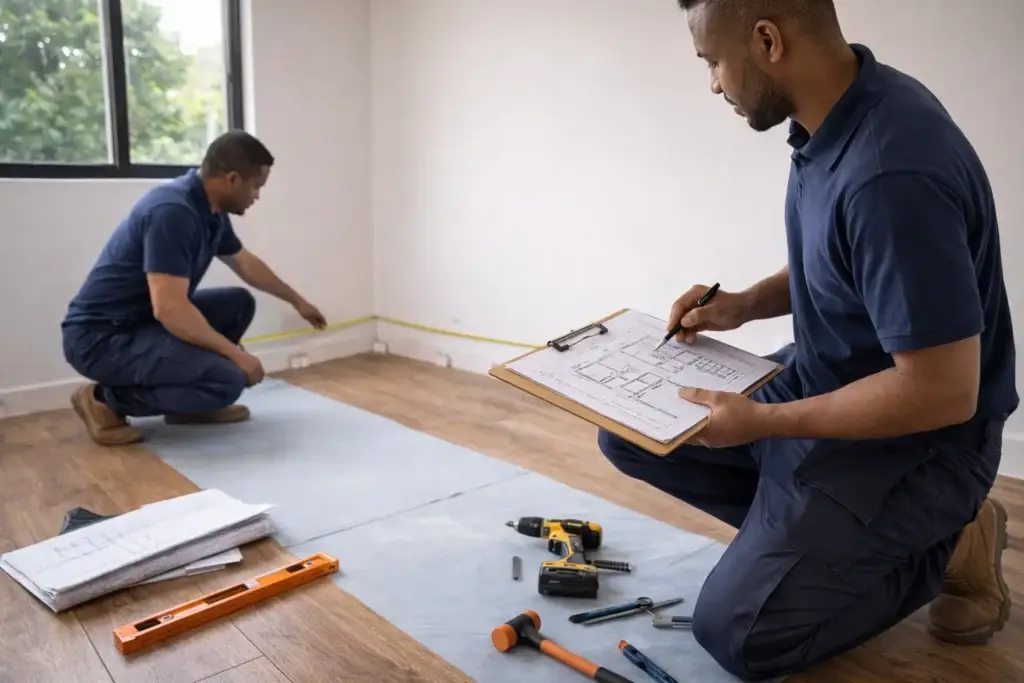 Professional interior designers team in Nairobi measuring space and planning layout before flooring installation