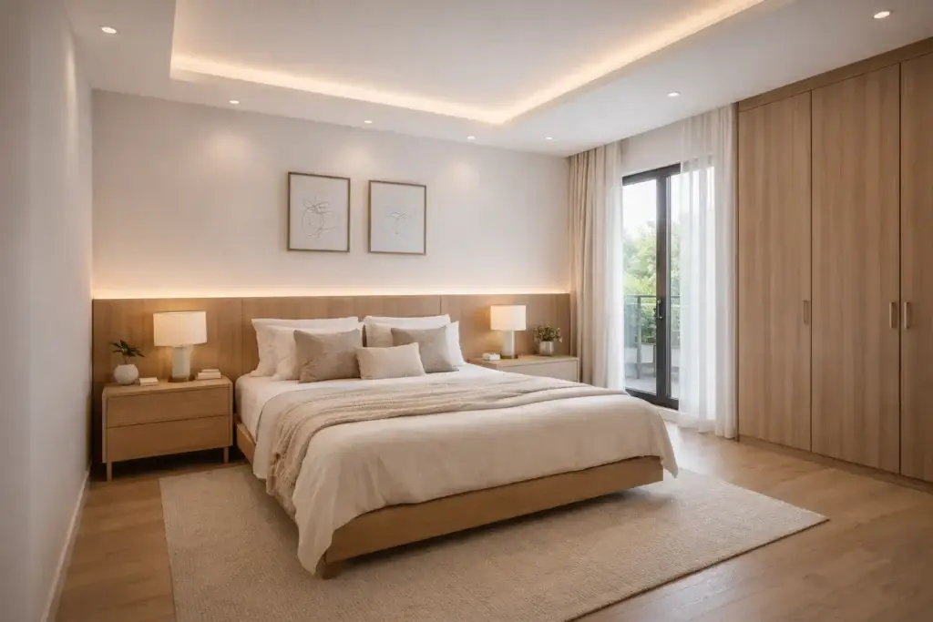 Modern Kenyan bedroom interior in Machakos featuring gypsum ceiling lighting, neutral tones, and minimalist interior design