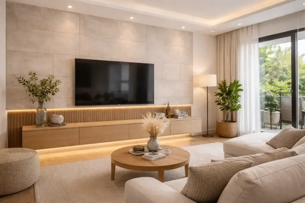Modern TV feature wall design in a Nairobi living room with textured wall panels, warm lighting, and contemporary interior styling