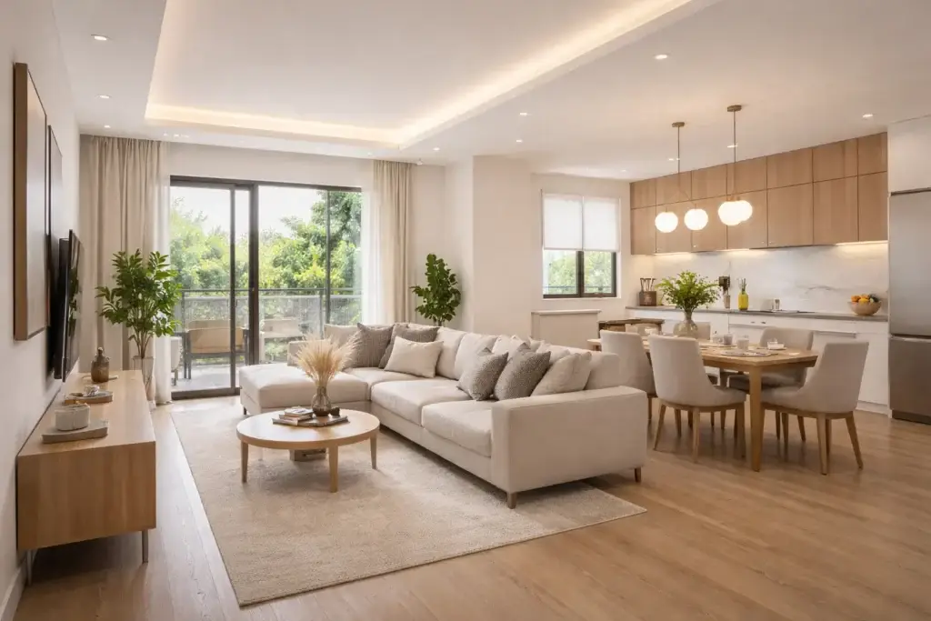 Open-plan living room and dining area in a modern Nairobi apartment featuring minimalist interior design and natural lighting