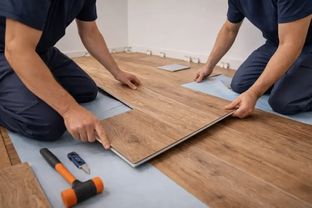 Professional installers fitting SPC flooring in a Kenyan home with clean workmanship and proper tools