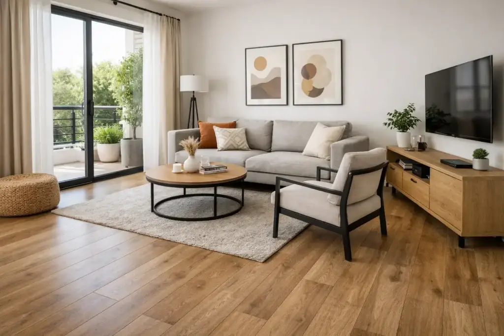 Modern Kenyan living room with SPC flooring installation, realistic wood texture, minimalist interior design in Nairobi