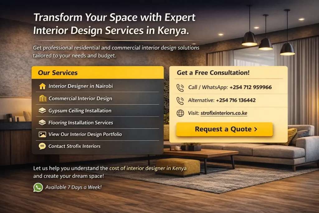 infographic showing how to contact strofix interiors so they can reveal the cost of interiror designer in kenya