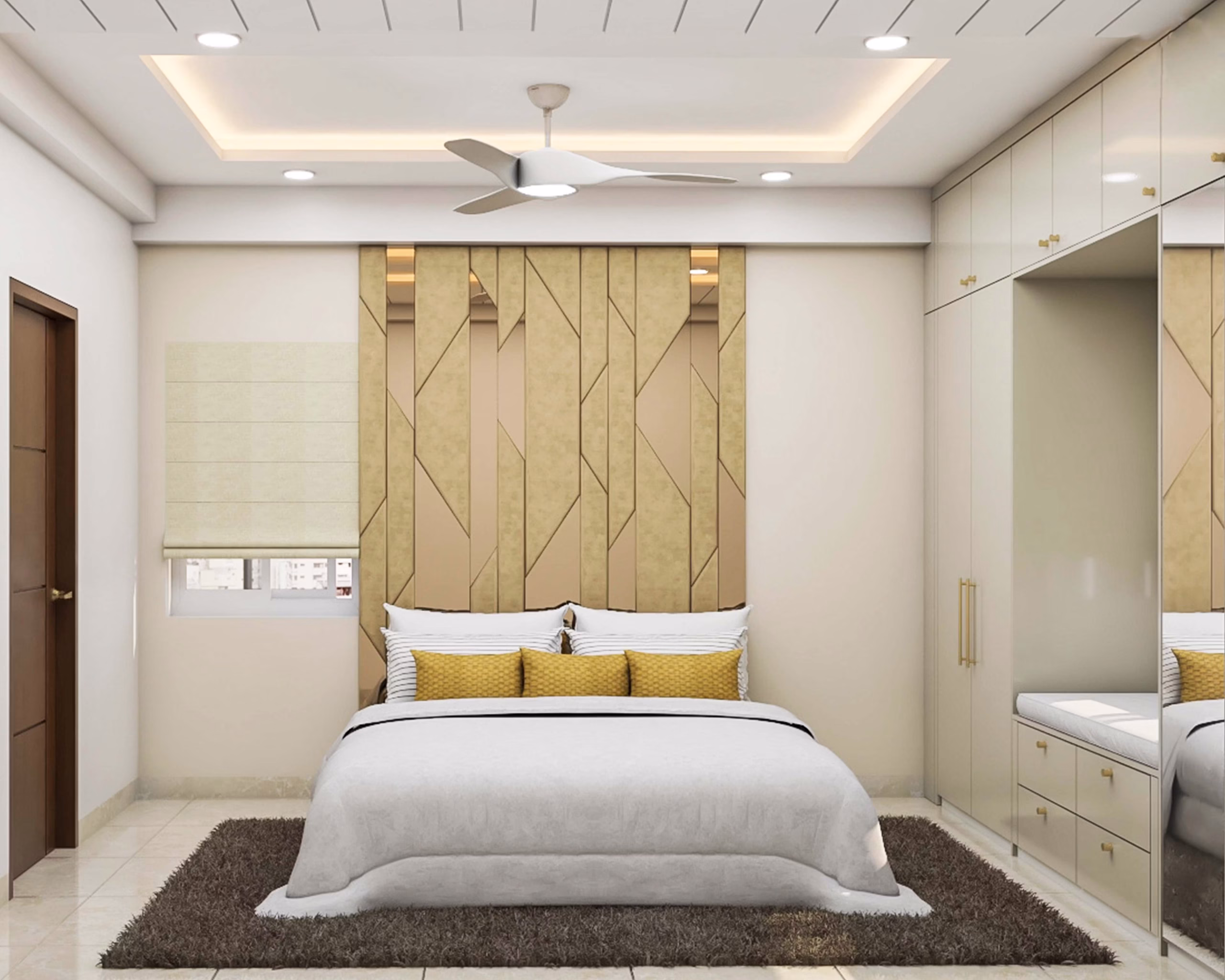 Layered gypsum ceiling with LED cove lighting and recessed spots above a double bed in a Nairobi bedroom