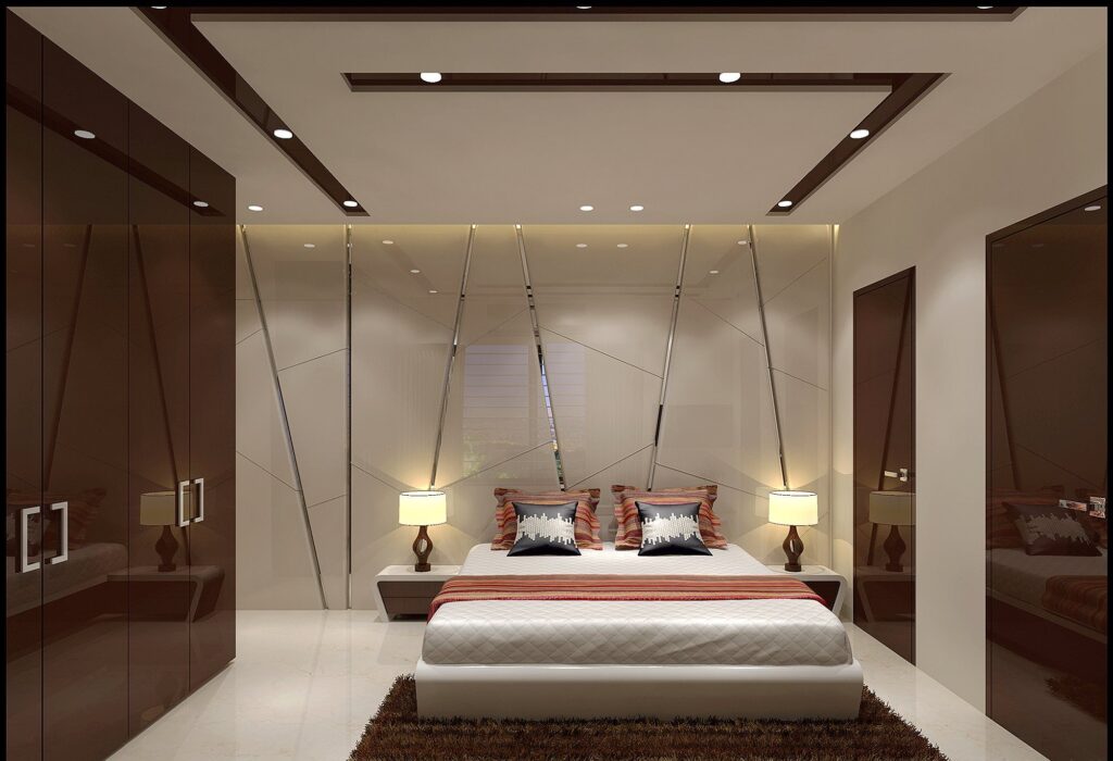 Master bedroom home design in Kenya with warm tones, fitted wardrobes and designer ceiling
