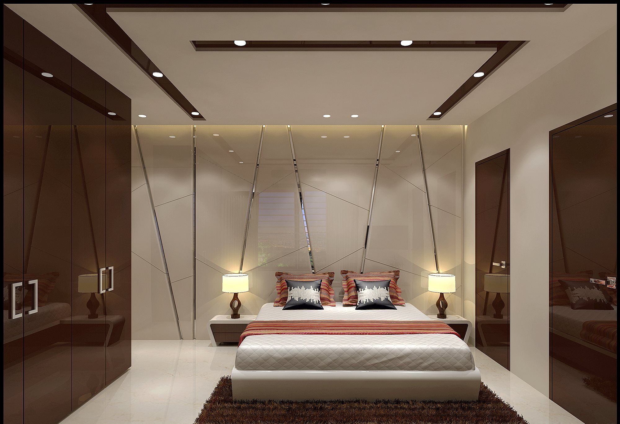 Master bedroom home design in Kenya with warm tones, fitted wardrobes and designer ceiling