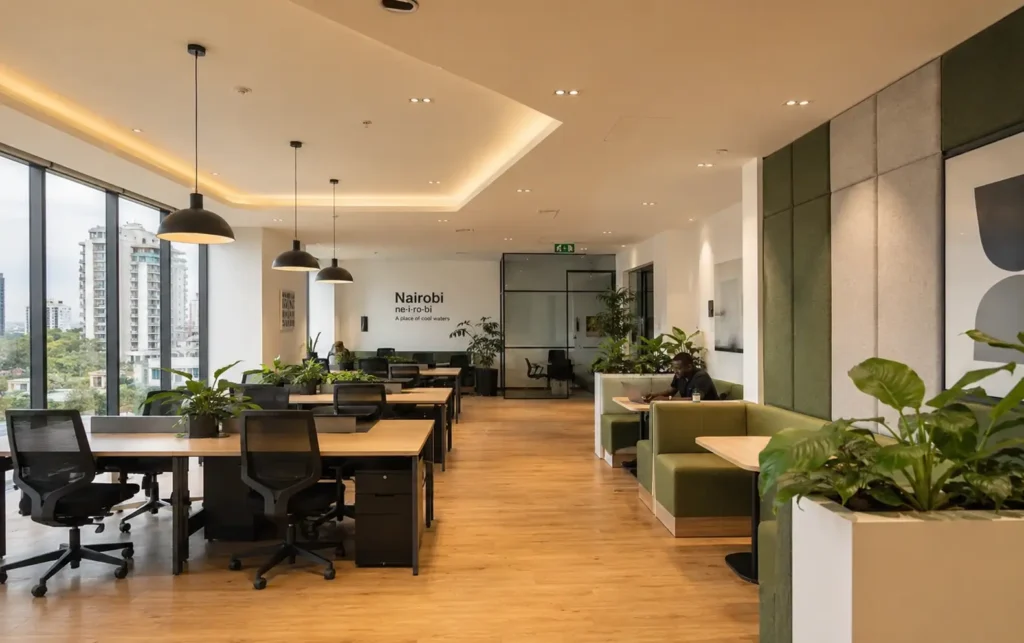 Modern co-working space design in Nairobi with acoustic wall panels, SPC flooring, gypsum ceiling, and open collaborative work zones