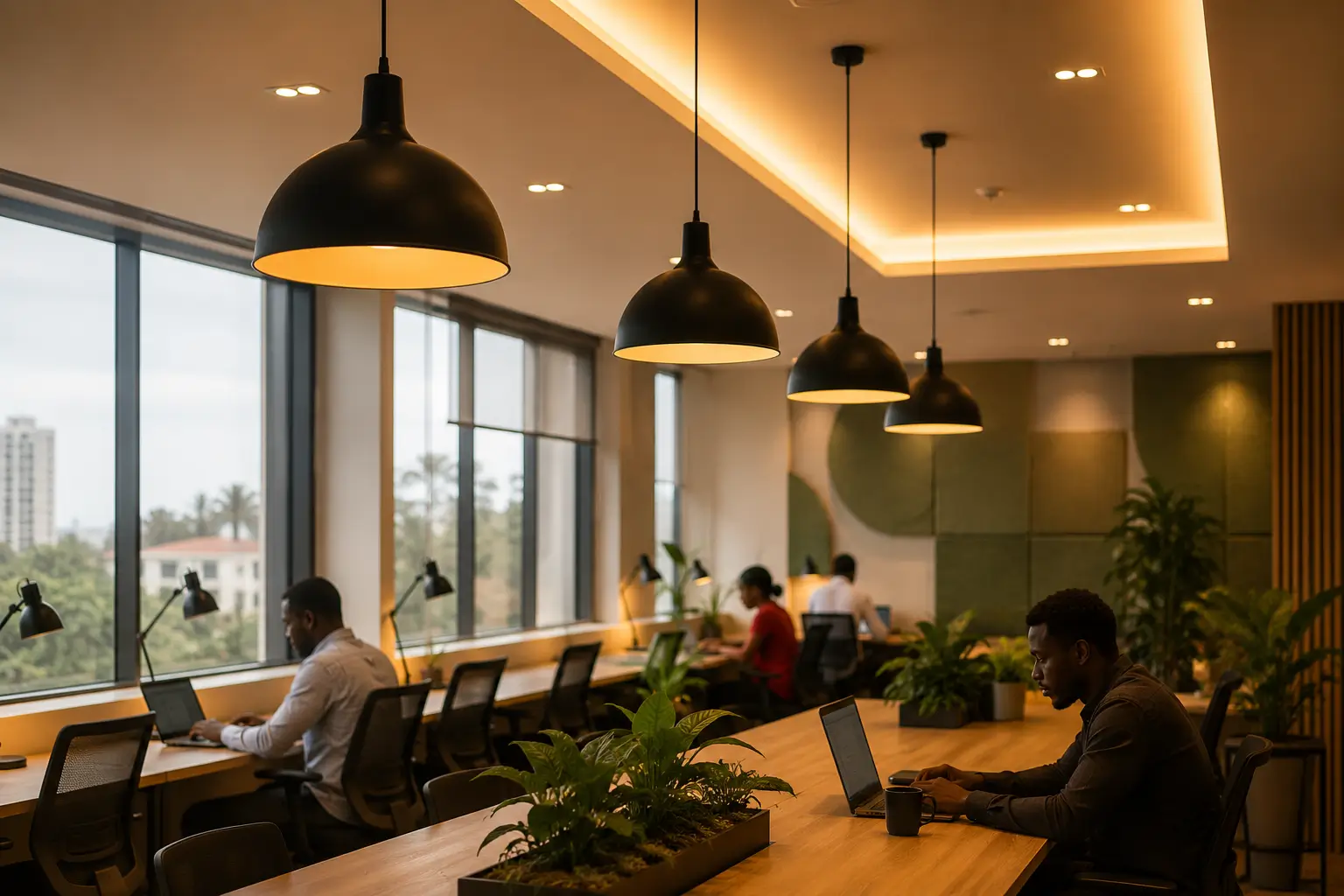 Layered lighting design in a Nairobi co-working space with pendant task lights, LED cove lighting in gypsum ceiling, and natural light from windows