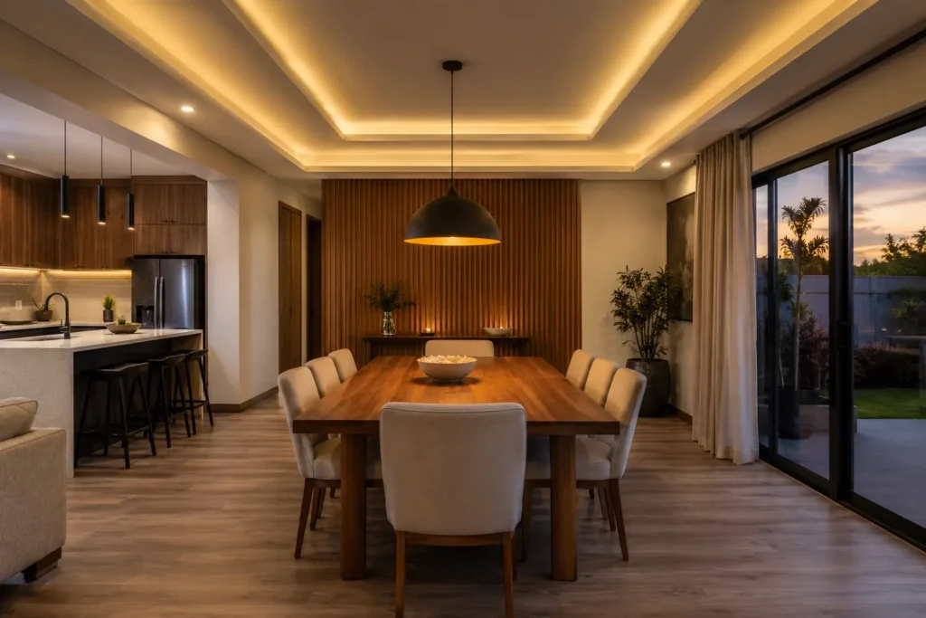 Modern dining room design in Kenya with gypsum ceiling, pendant lighting, SPC flooring and feature wall in a Nairobi family home