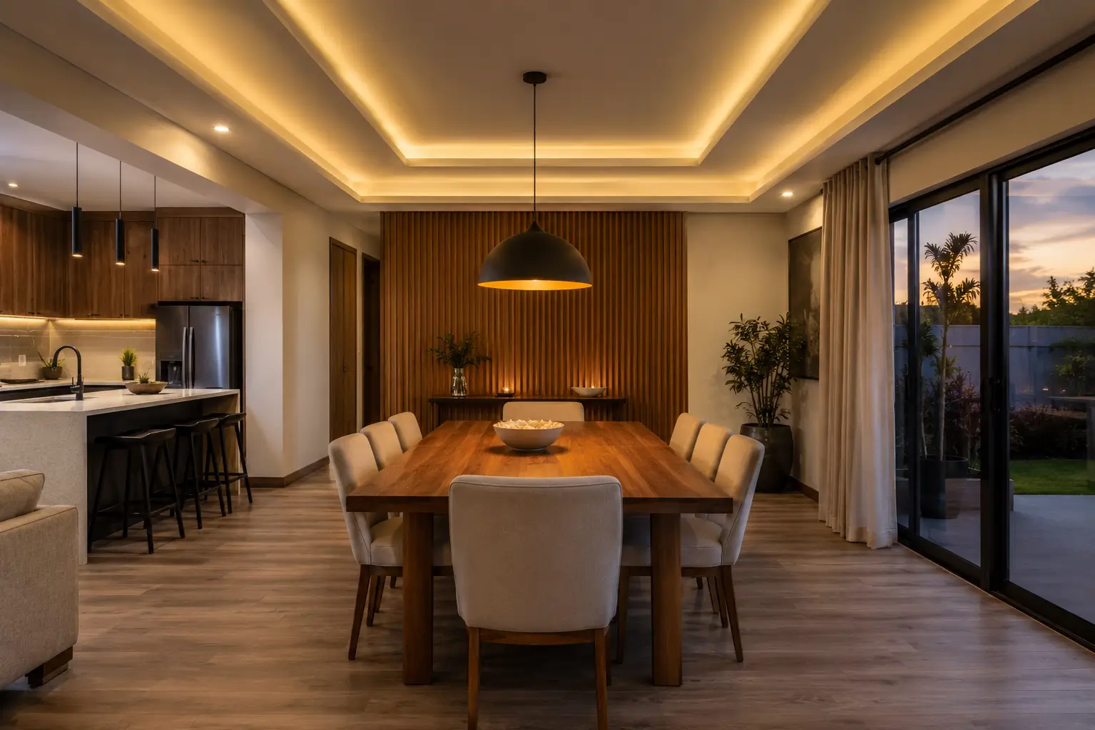 Modern dining room design in Kenya with gypsum ceiling, pendant lighting, SPC flooring and feature wall in a Nairobi family home