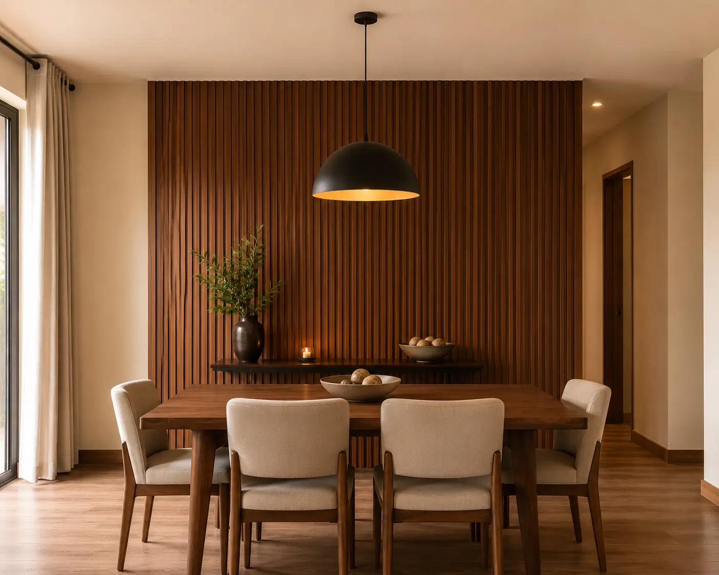 Fluted timber feature wall behind dining table in a modern Kenya home dining room design