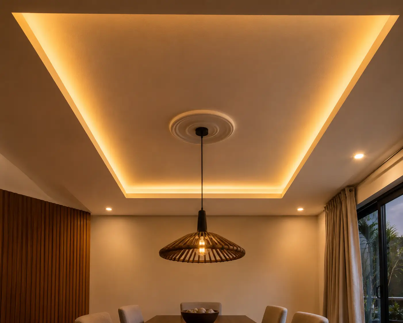 Gypsum ceiling feature with pendant lighting above dining table in a Kenya home interior design showing  dining room design ideas in Kenya