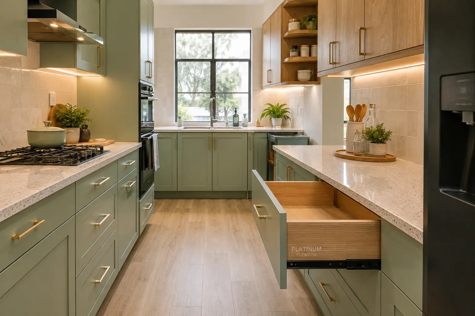 Best kitchen cabinet materials in Kenya shown in a modern fitted kitchen with MDF cabinets, laminate finish, and SPC flooring in a Nairobi home