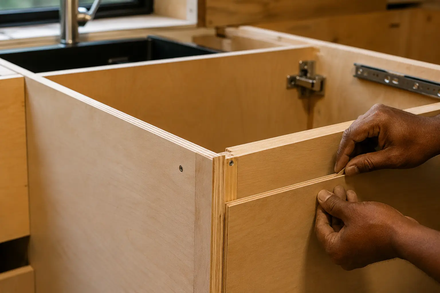 Plywood kitchen cabinet carcass construction used as one of the best kitchen cabinet materials in Kenya for moisture resistance