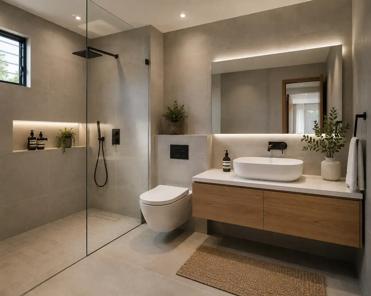 Modern bathroom design in Kenya featuring porcelain tiles, a walk-in shower and floating vanity