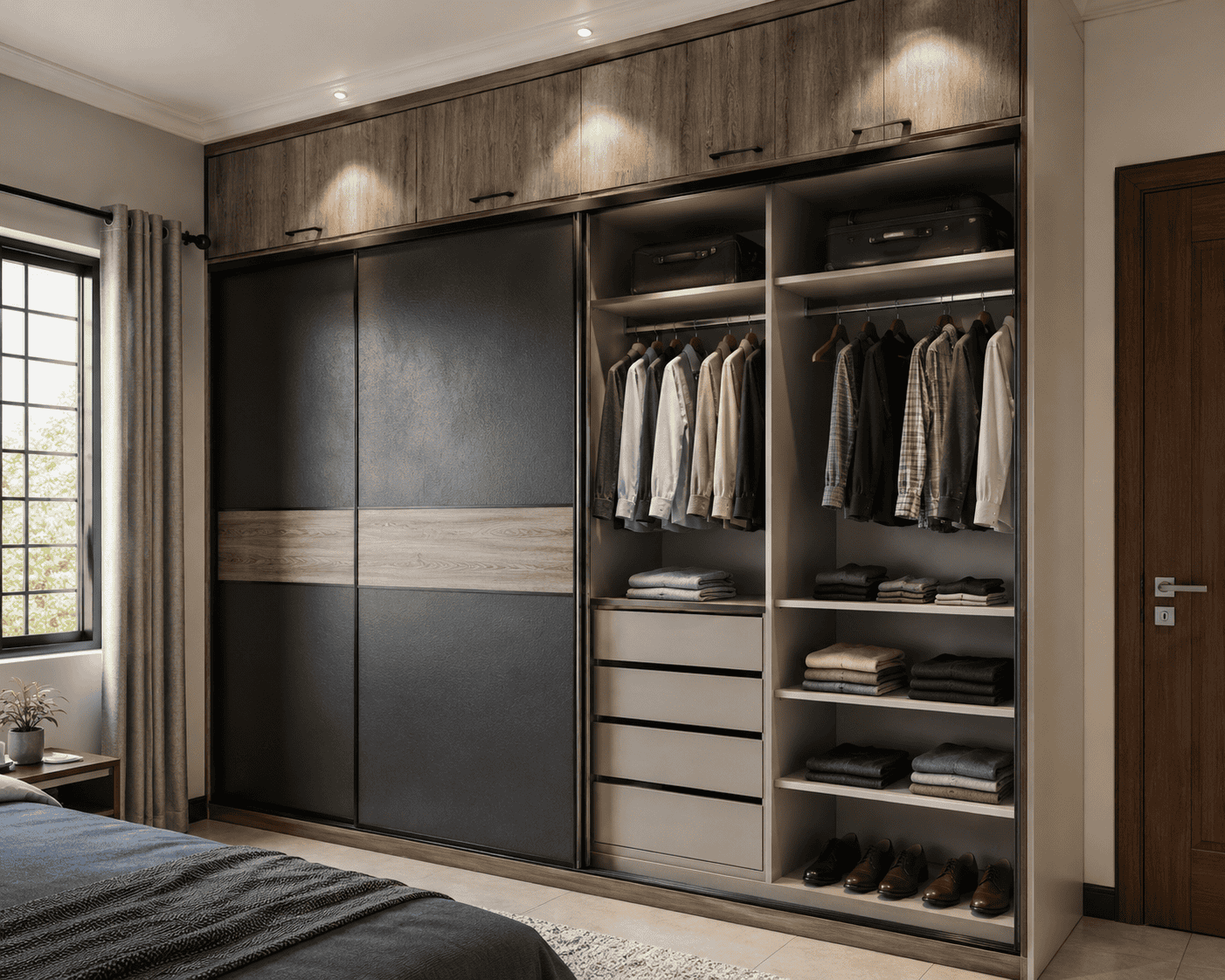 Built-in wardrobe design in Kenya with sliding doors and internal shelving in a Nairobi bedroom