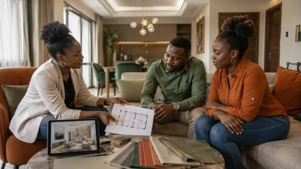 Interior design consultation in Kenya with a designer showing a client material samples and a floor plan on a table in a Nairobi apartment