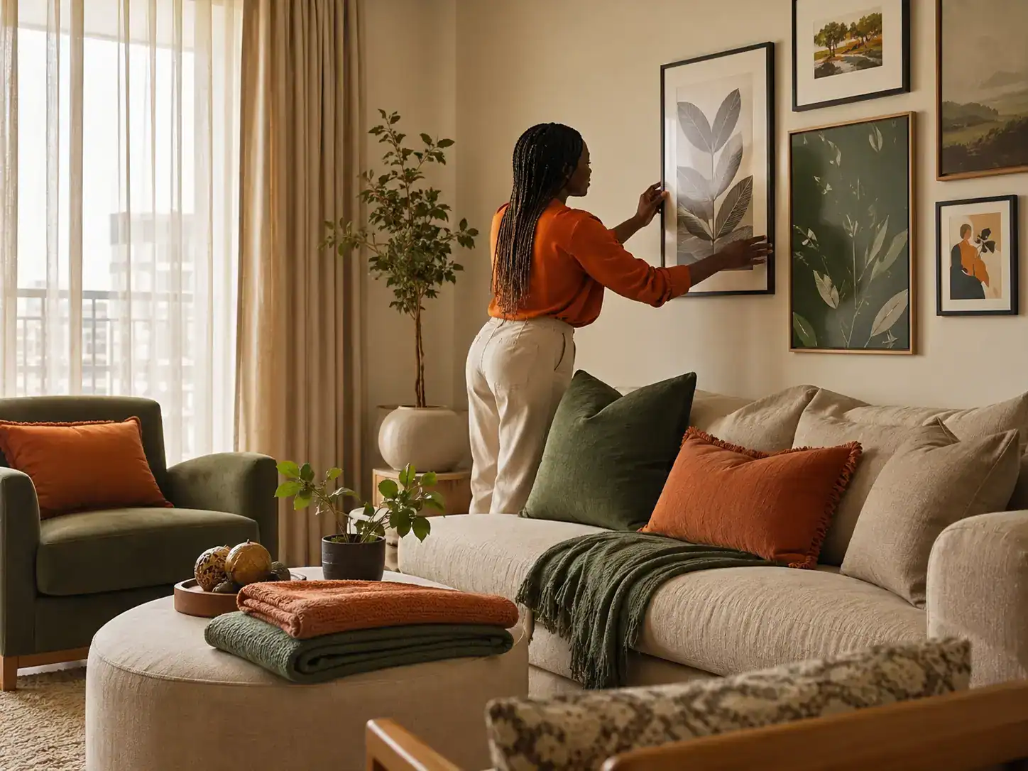 Interior decorator styling a living room with cushions, artwork and accessories in a Nairobi apartment