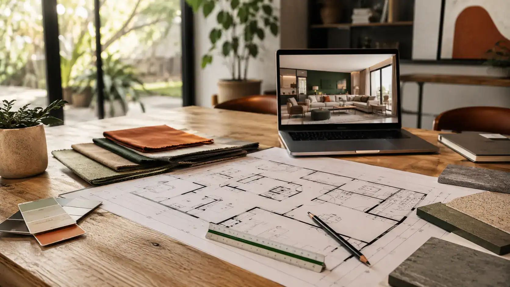 Interior designer vs interior decorator in Kenya comparison with a floor plan and fabric swatches on a table in a Nairobi home