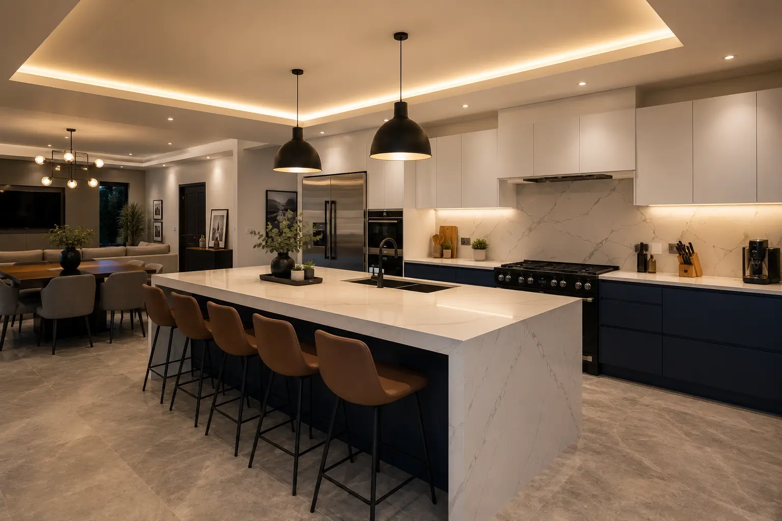 Open plan island kitchen design for a Kenyan home with waterfall quartz countertop, pendant lighting and SPC wood-effect flooring in Nairobi