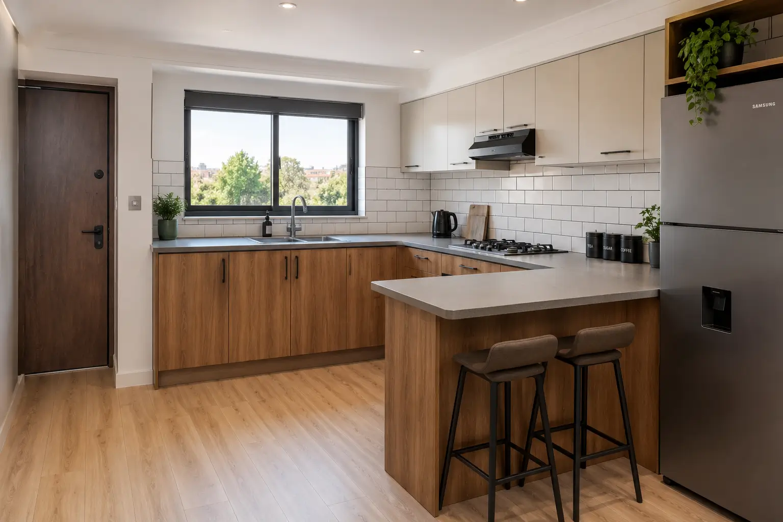 L-shape modern kitchen design in a Kenyan home with quartz countertop, laminate cabinets and SPC flooring in Nairobi