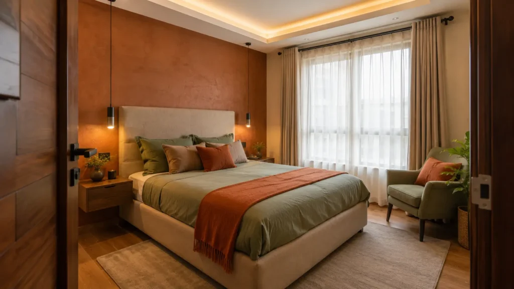 Master bedroom interior design ideas in a Nairobi apartment with upholstered bed frame, built-in wardrobe, gypsum ceiling and warm neutral tones