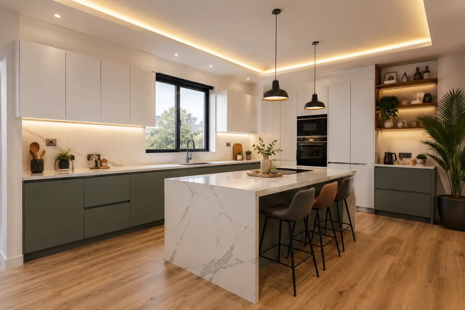 Modern kitchen designs for Kenyan homes featuring an island layout, quartz countertop, sage green cabinets, SPC flooring and gypsum ceiling with pendant lighting in a Nairobi home