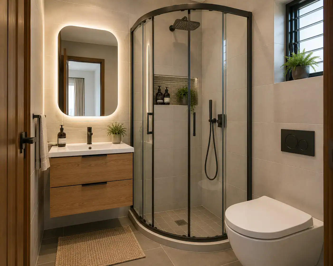 Compact bathroom design in Kenya with a corner shower and wall-mounted vanity