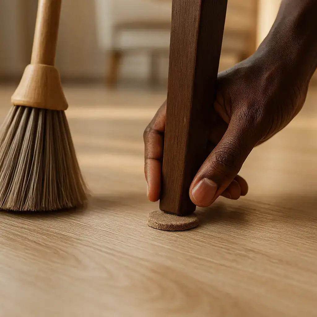 Close-up of felt pads and a soft-bristle broom used to protect and clean SPC flooring in a Kenyan home