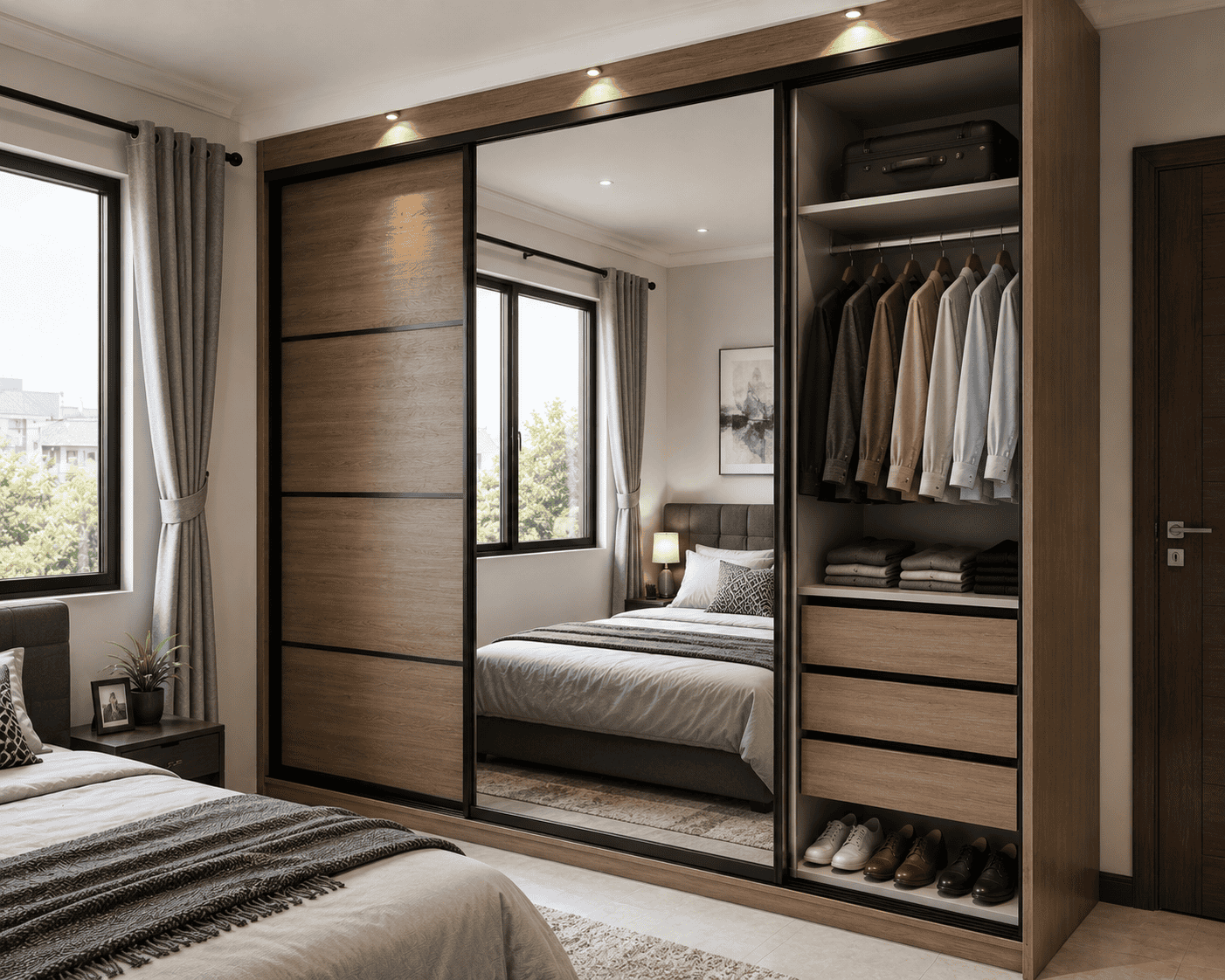 Sliding door wardrobe design idea for a small bedroom in Kenya with mirrored panels