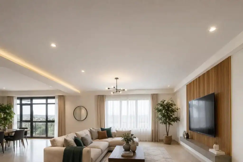 How to do gypsum ceiling maintenance in Kenya, showing a clean flat gypsum ceiling in a Nairobi living room