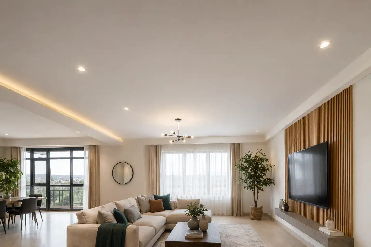 How to do gypsum ceiling maintenance in Kenya, showing a clean flat gypsum ceiling in a Nairobi living room