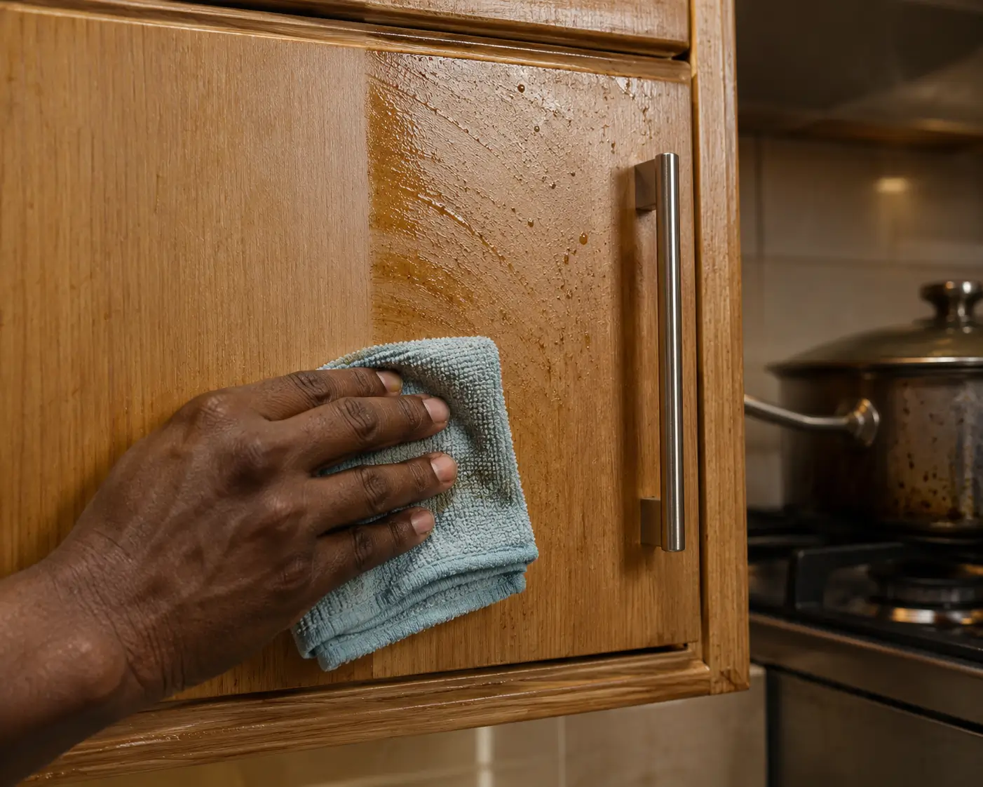 Cleaning grease buildup from kitchen cabinets in a Kenyan home