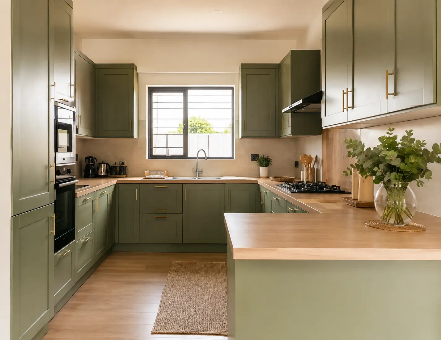 Kitchen cabinet colour trends in Kenya showing a sage green cabinet run with brass hardware