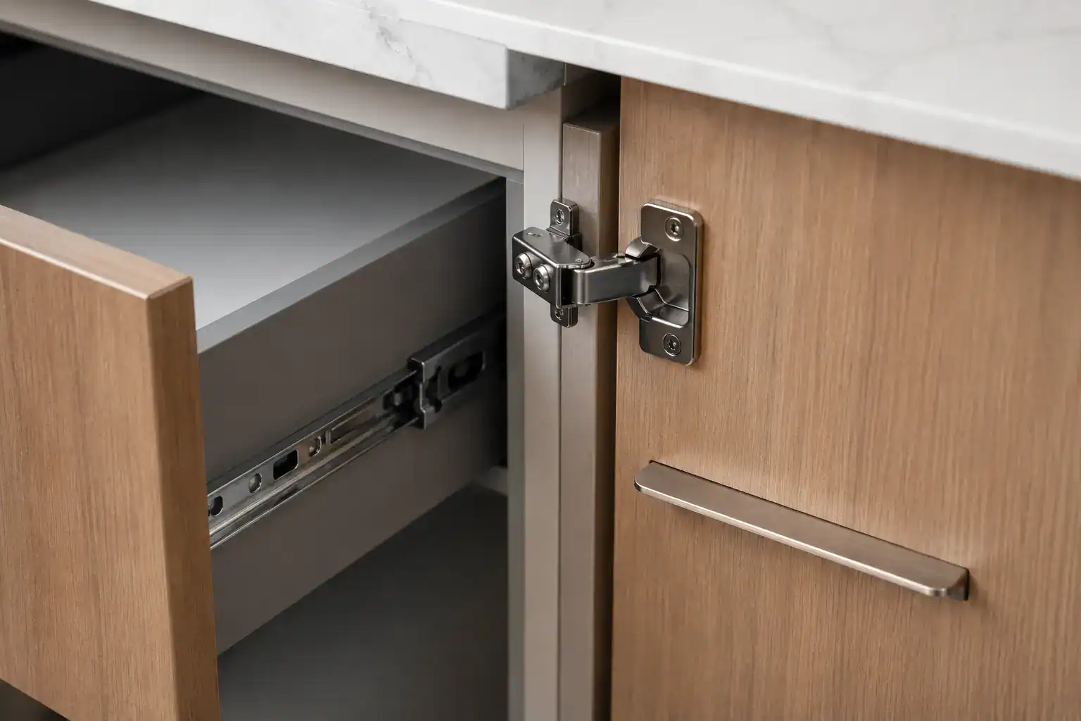 Kitchen cabinet hardware in Kenya including soft-close hinges and handles that affect overall cost