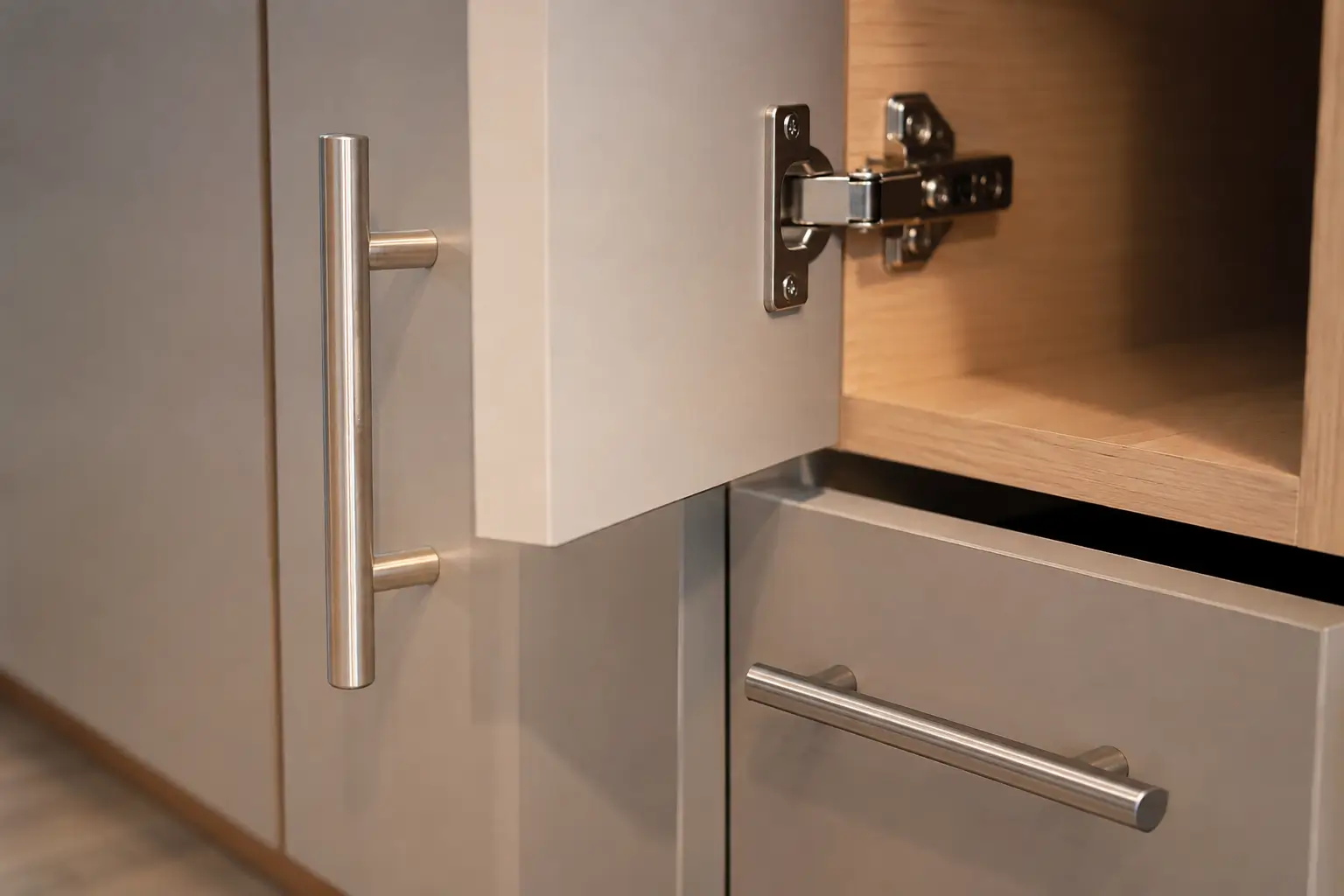 Kitchen cabinet hardware in Kenya showing handles, soft-close hinges, and drawer runners on a cabinet unit