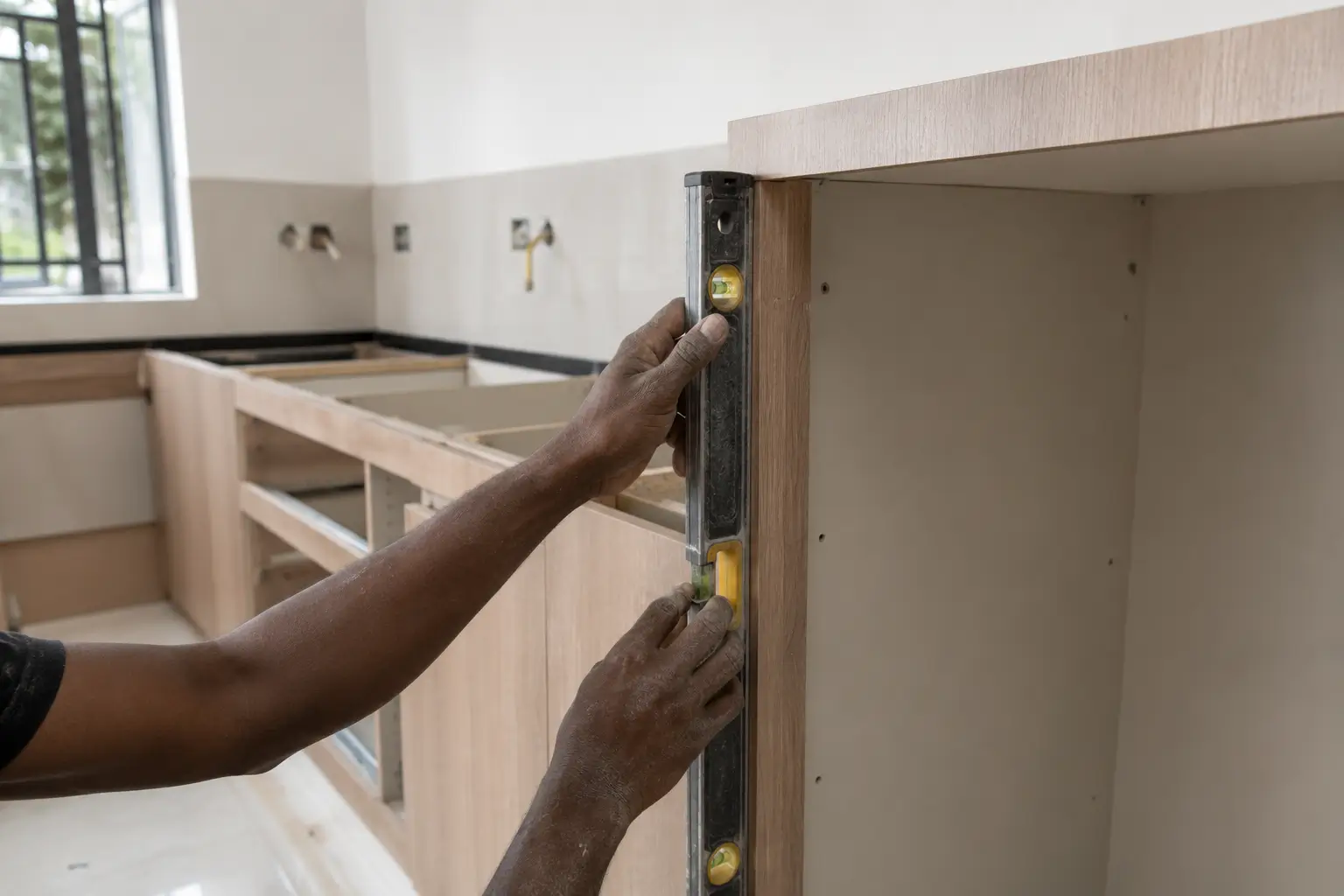 Kitchen cabinet installation in a Kenyan home showing the labour cost component of total kitchen cabinet cost