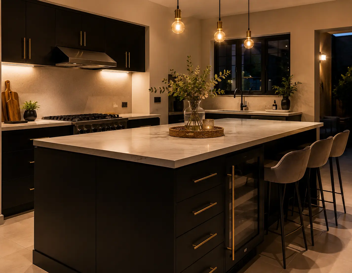 Matte black kitchen cabinets in a Kenyan home paired with brass hardware