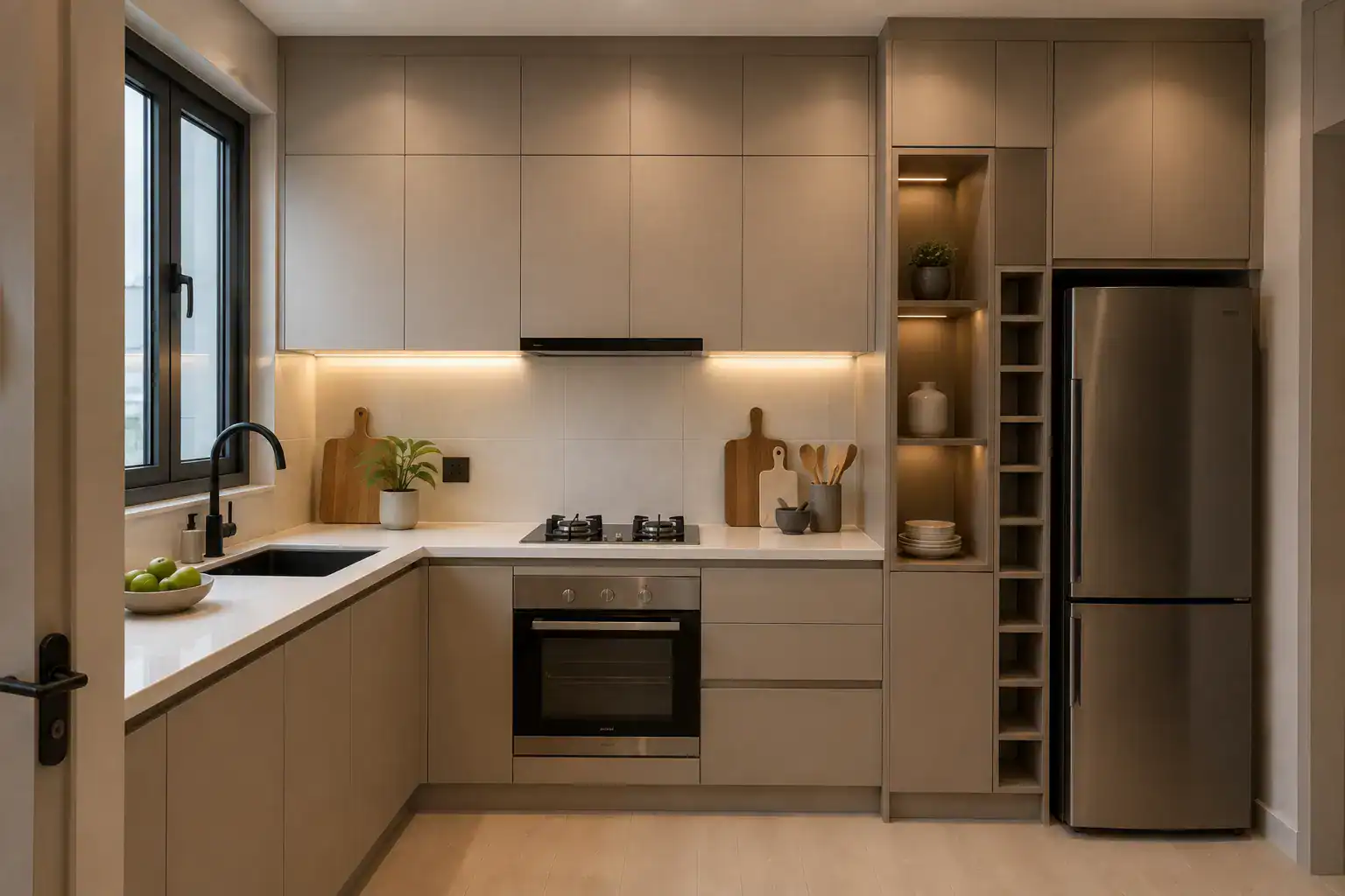 Small apartment kitchen in Nairobi with floor-to-ceiling vertical storage cabinets