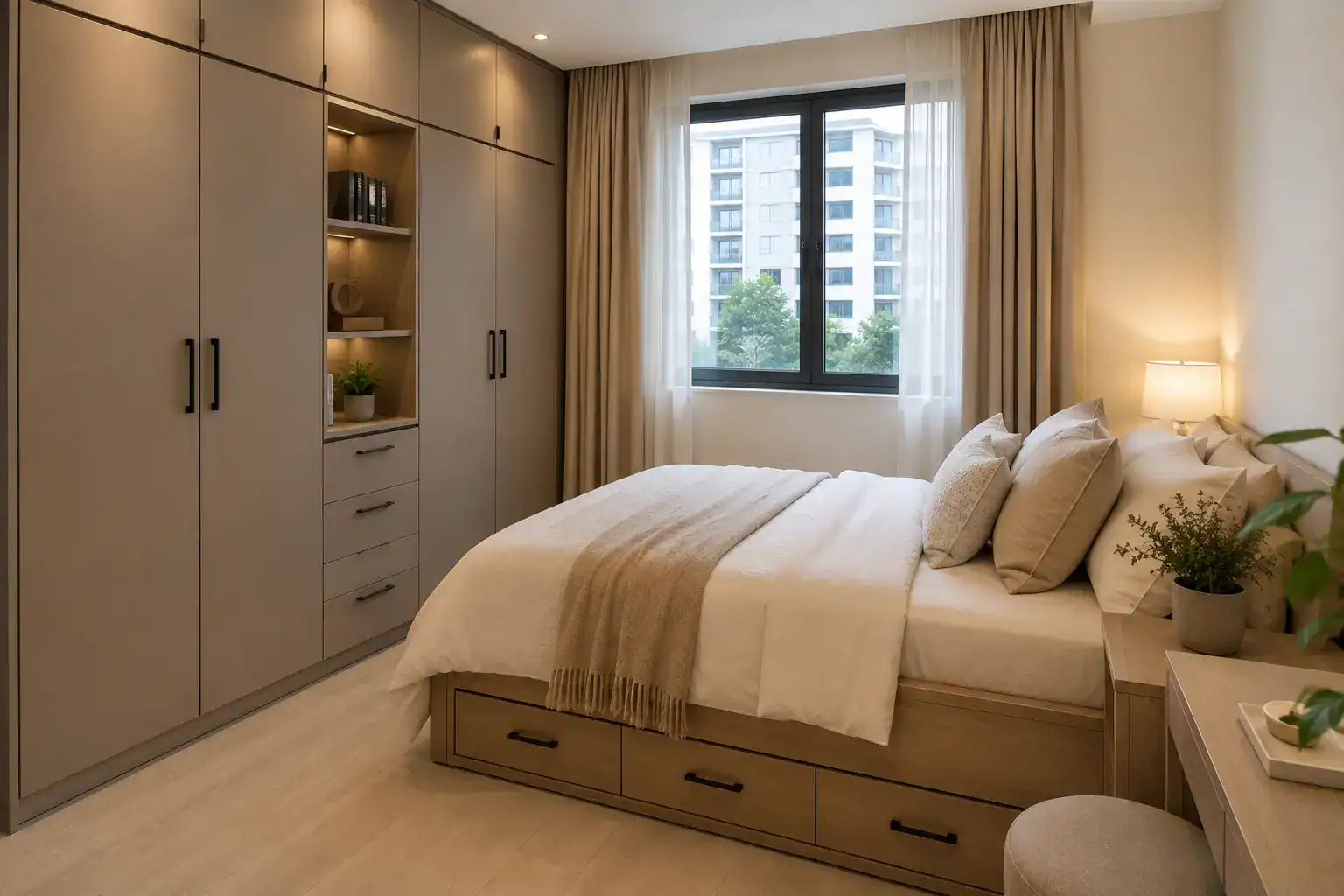Space-saving furniture and built-in storage in a small Nairobi apartment bedroom