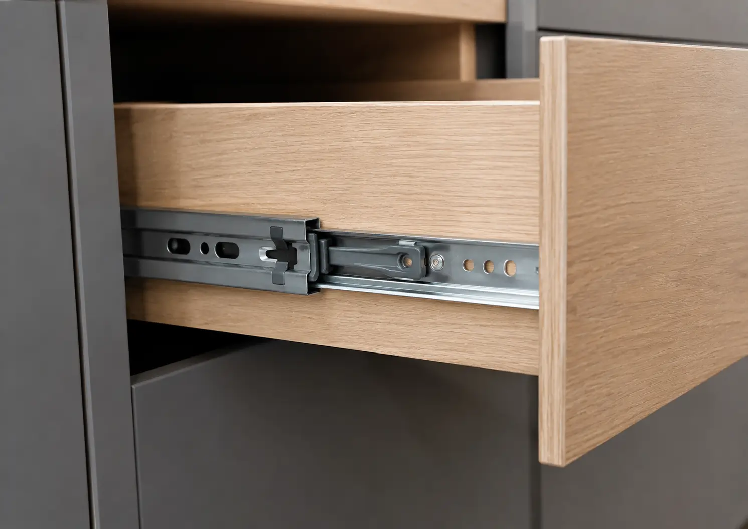 Soft-close drawer runners installed in a kitchen cabinet in Kenya