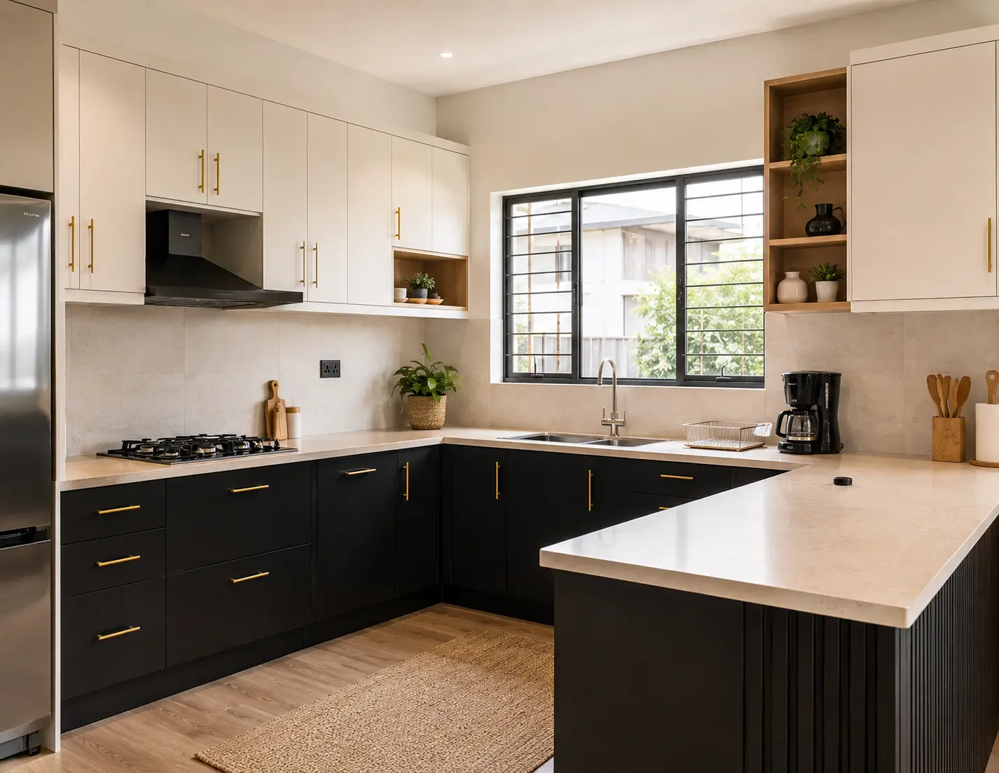 Two-tone kitchen cabinet colour combination in a Kenyan home with dark lower and light upper cabinets